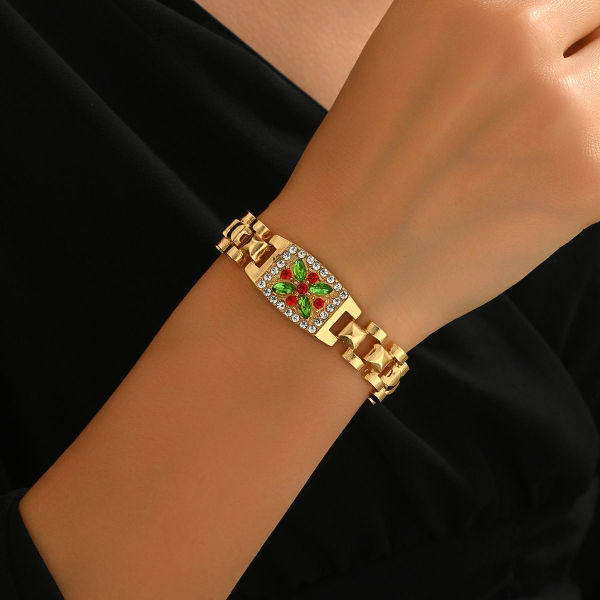 Trendy Gold Tone Watch Band Bracelet with Multi-Color Crystal Four-Leaf Flower Inlay, Bold Cuban Link Design, Statement Fashion Jewelry for Women, 20cm Length
