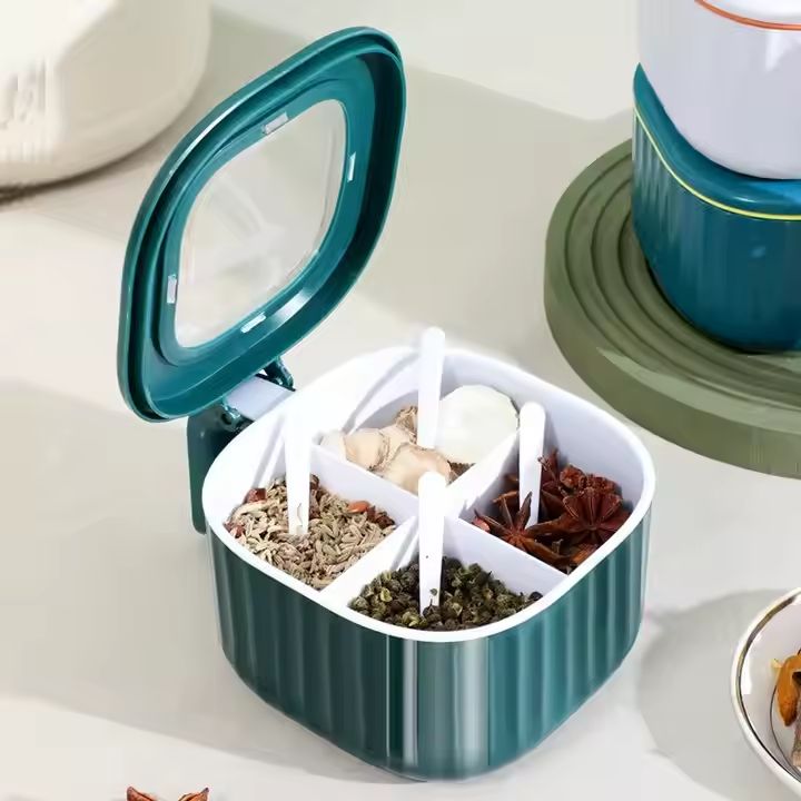 AUNONT Kitchen 4-Grid Integrated Seasoning Box with Spoon Lid Multi-Grid Storage Clearanced Seasoning Tank