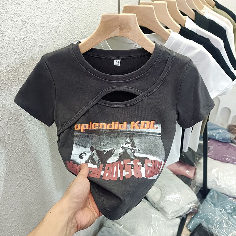 YF7778 Front hollow out short sleeve crew neck letter print casual t shirt for women