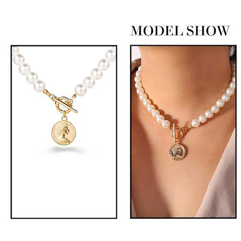 50709 Faux Pearl Decor Gold Coin Charm Choker Necklace for Women