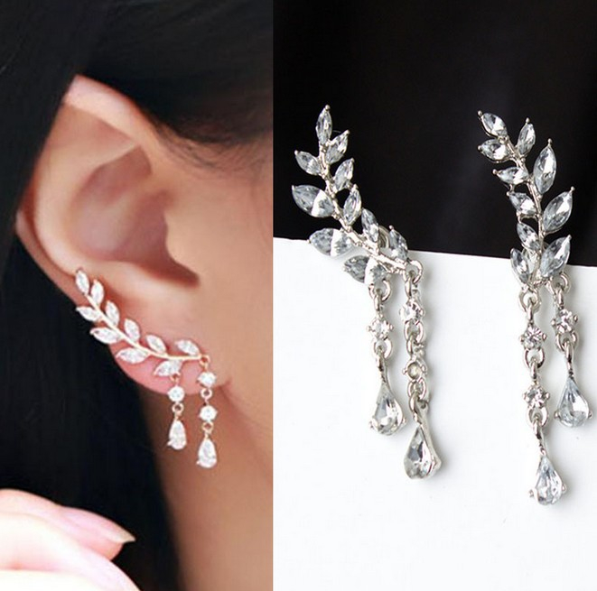 00194-4 Fancy Women Earrings Sweet Crystal Drop Tassel Jewelry Leaf Earring