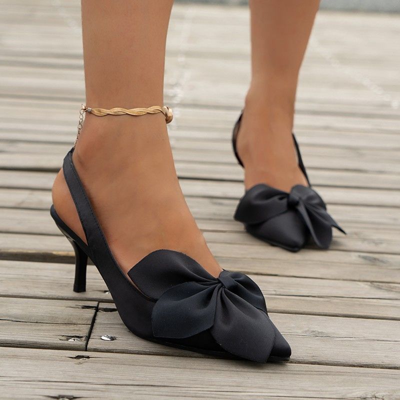 2024 summer thin heel pointy bow bun head after empty fashion large size women's shoes 485