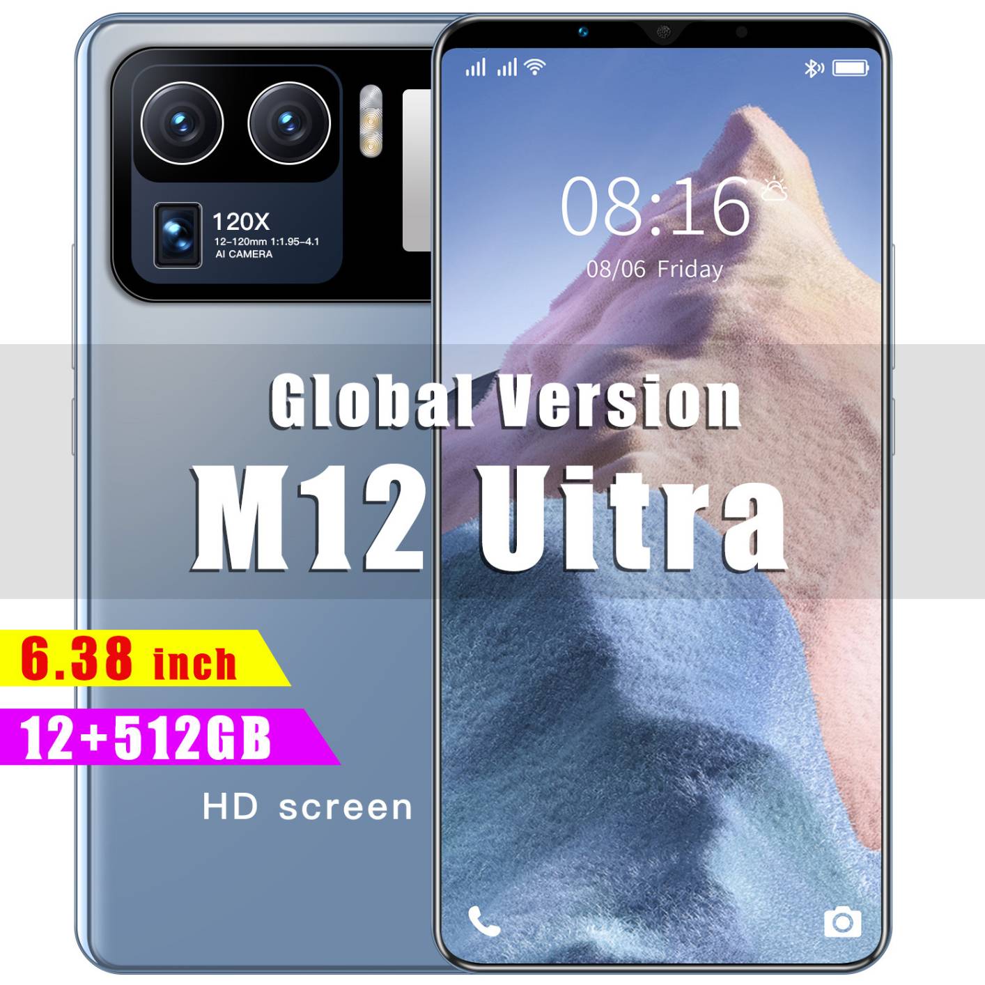 Global Version M12 Uitra 6.38 Inch 64GB/128GB 24+48MP Android 10.0 Cheap Smartphones 5000mAh Fingerprint ID Dual SIM Cell Phone UK Plug