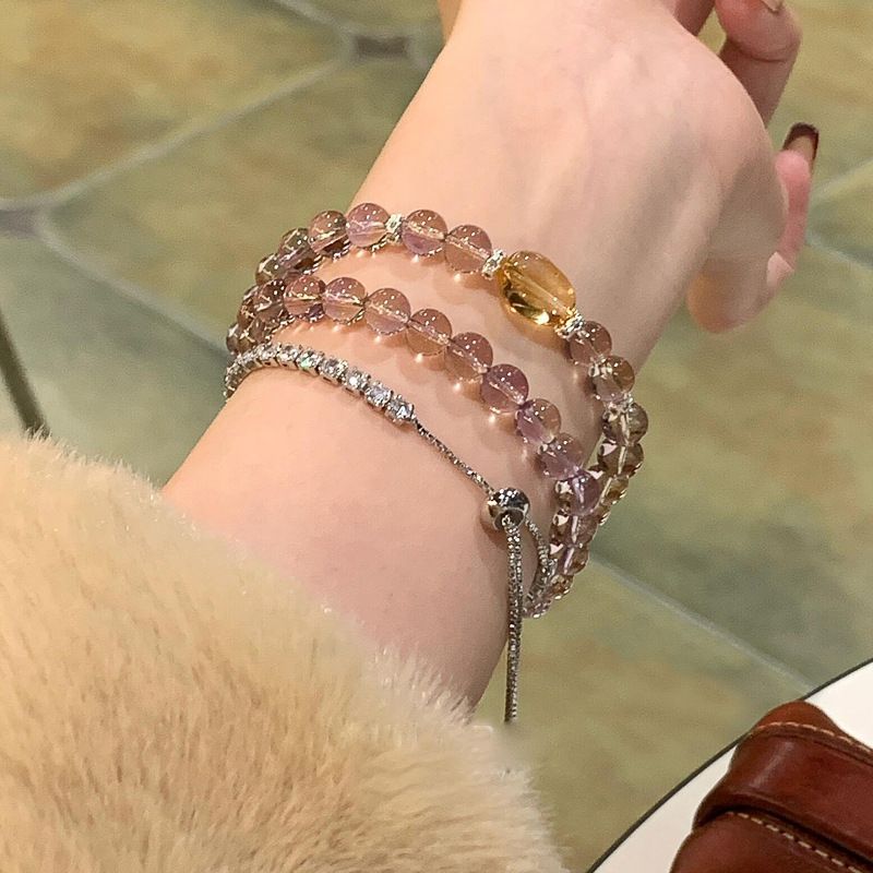 Natural Transparent Amethyst And Citrine Double Layer Stackable Beaded Bracelet, Luxury Elegant Polished Clear Gemstone Wrist Jewelry, Exquisite Smooth Crystal Strand Hand Accessory For Women, Fine Handcrafted Lightweight Bangle, Minimalist Stylish Daily Wear Ornament With Soft Translucent Gem Luster And Premium Fashion Texture