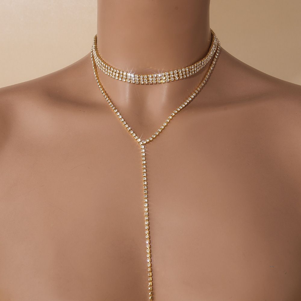 095 Women's New Multi-Layer Rhinestone Clavicle Chain Long Tassel Necklace