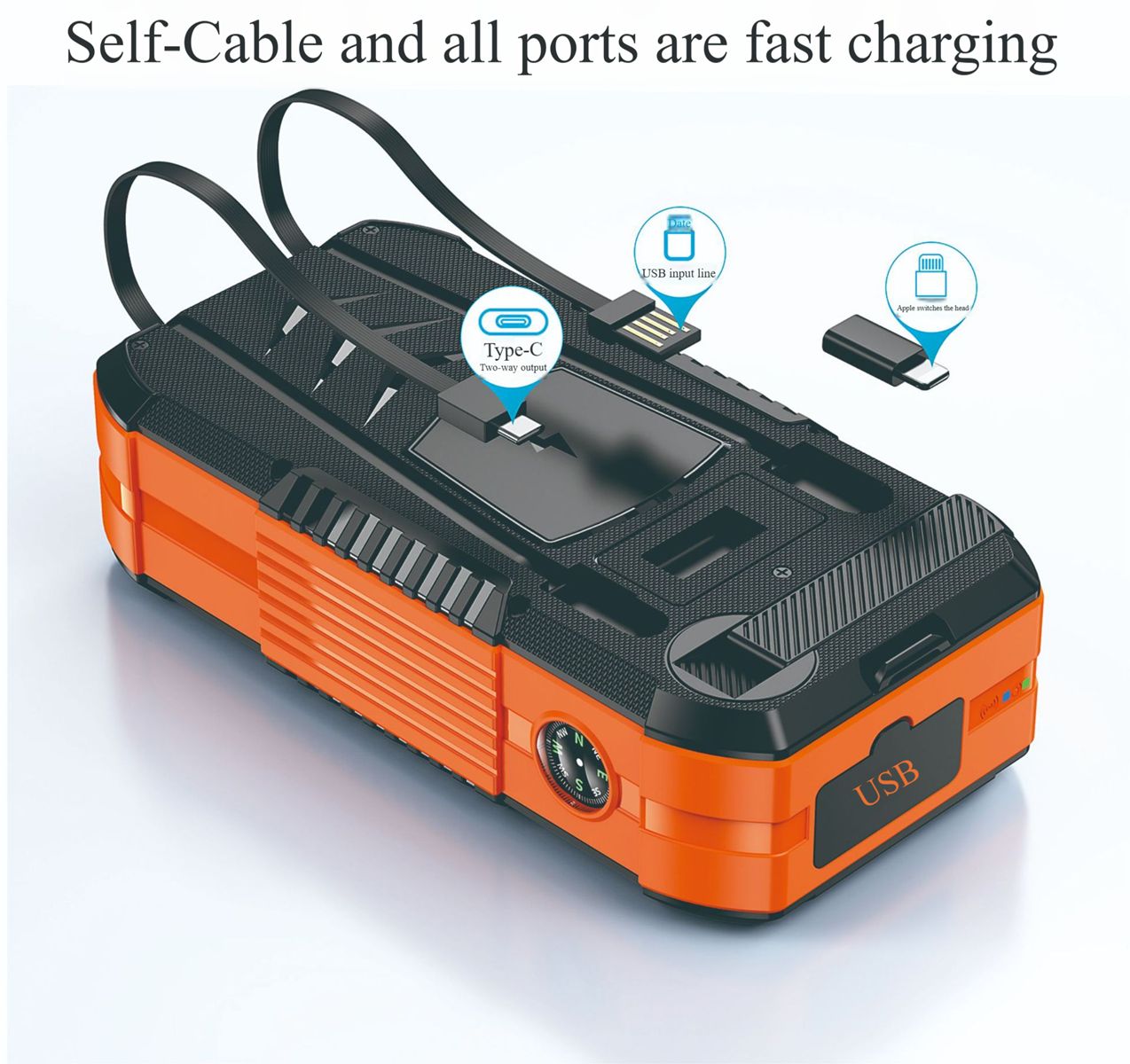40000 mAh solar powered hand crank charger with built-in cable wireless charging PD 22.5W fast charging mobile power bank
