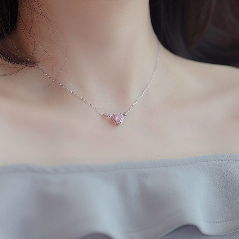 A89 Women Pink Zircon Love Heart Necklace Sweet Design Clavicle Chain Jewelry Gifts