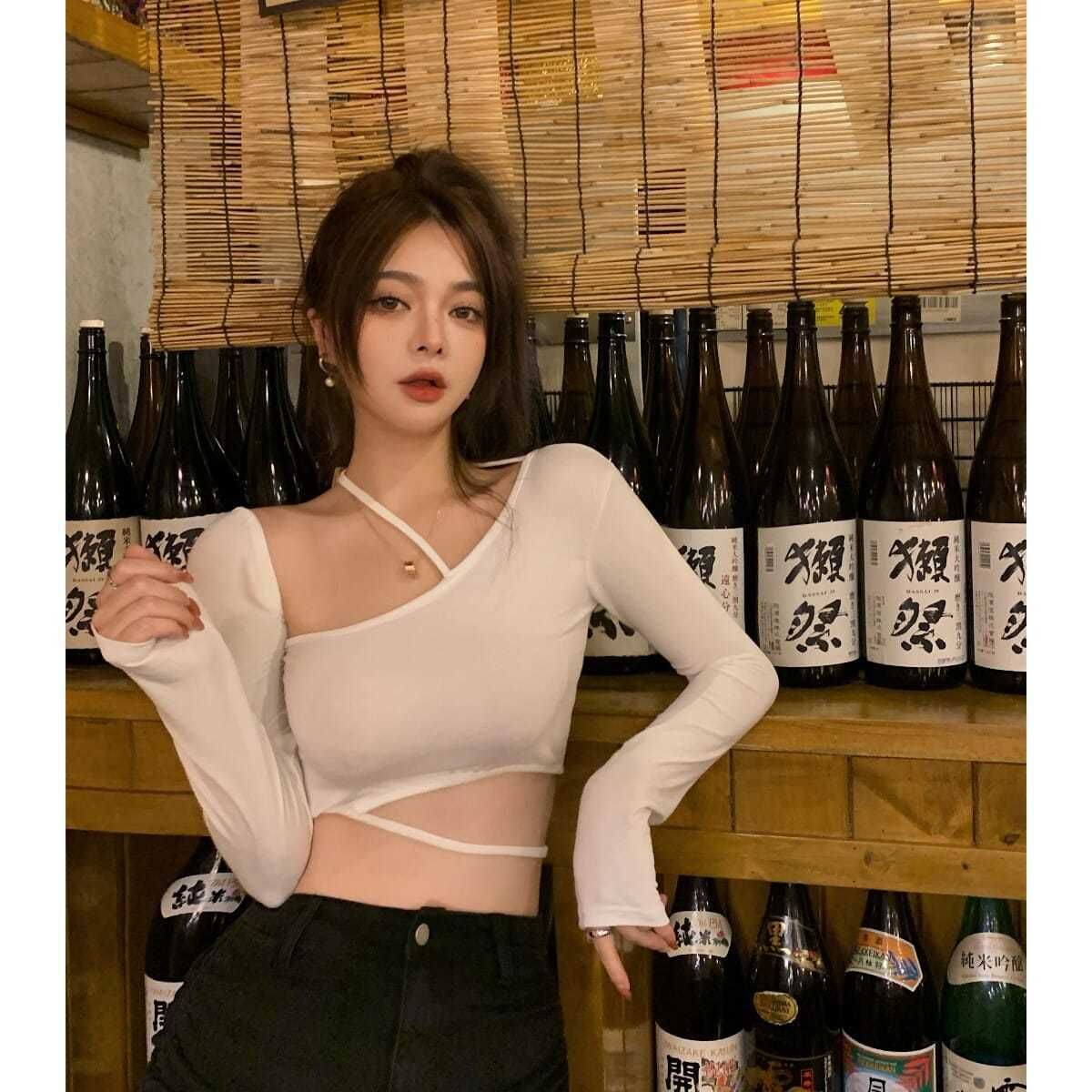 XSY 3048 Women's Autumn Thin Irregular Tops Tight Short Long-Sleeved Tops