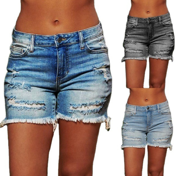 701 Women's New Ripped Fringed Shorts High Stretch Denim Shorts