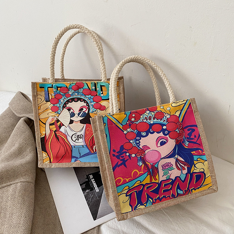 1471 Chinese Style Handbag Simple Linen Bag Female Trend Cartoon Literary Hand Carry Snack Bag Small Lunch Box Bento Bag Tote Bag