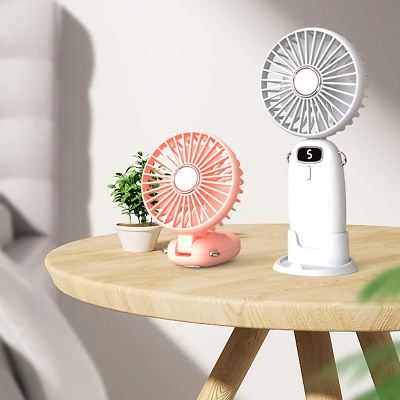 T14 Portable Handheld Fan, USB Rechargeable Foldable Fan, Personal 5 Speed Powerful Small Desk, 90 Foldable Fan with Base, 3 in 1 Hand Travel Fan with Digital Display for Commute, Office, Pink