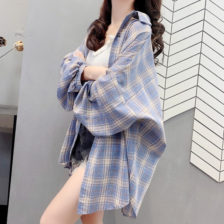 Women's Spring New Vintage Mid Length Plaid Shirt Loose Patchwork Coat