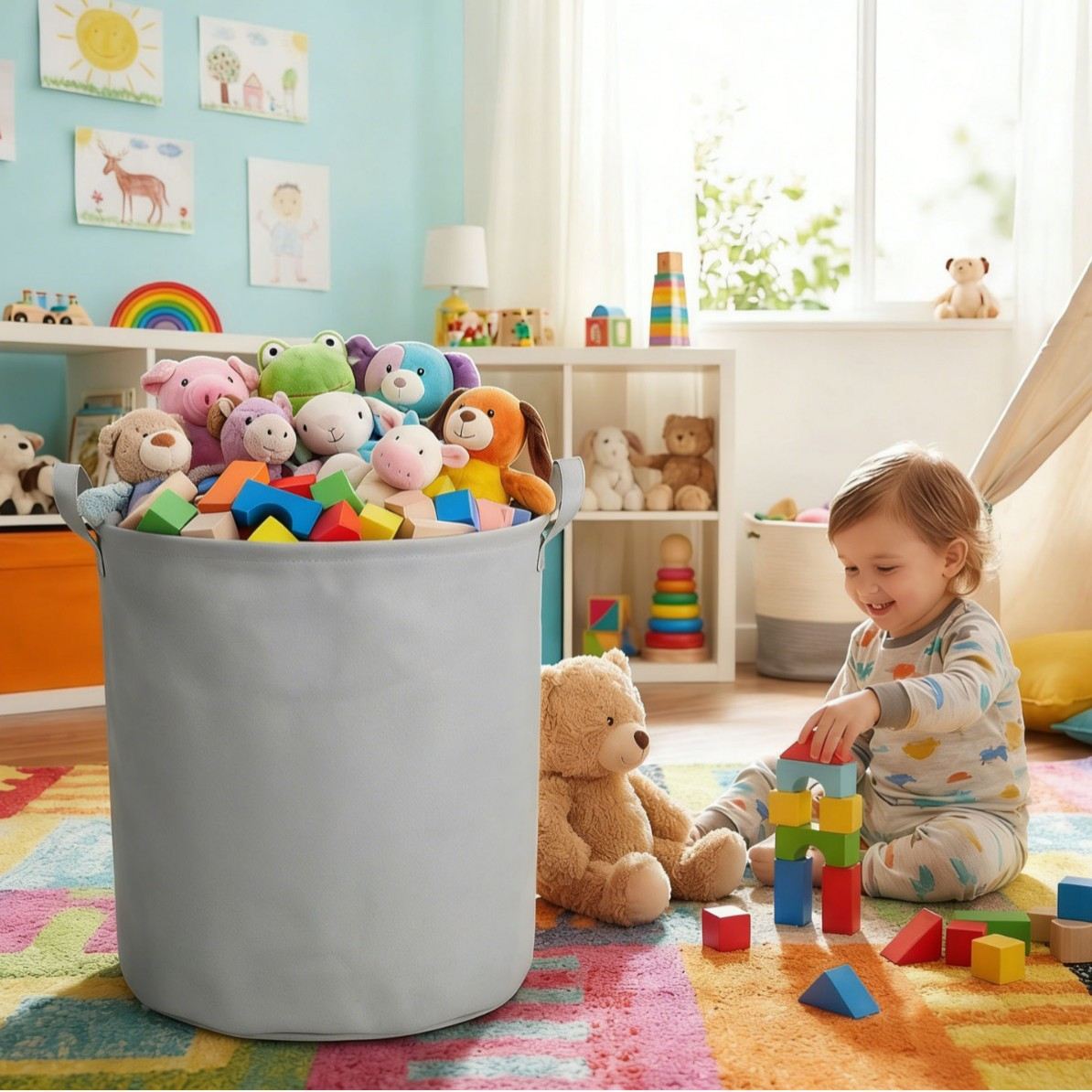 Waterproof Drawstring Laundry Basket with Dual Handles, Large Capacity Round Foldable Fabric Storage Hamper, Dustproof Soft Cloth Dirty Clothes Organizer with Drawstring Closure, 2 Size Portable Collapsible Storage Bin for Bedroom Bathroom Household Garment Sundries Daily Storage