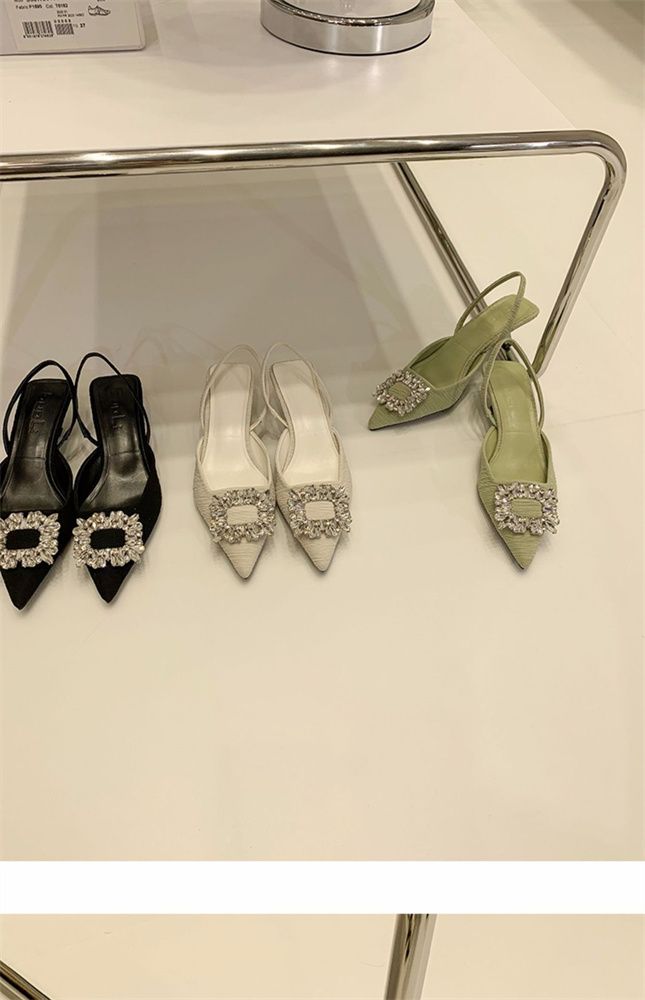 French style low heel pointed head square buckle rhinelene sandal female bag head back empty elastic belt thin heel sandal female