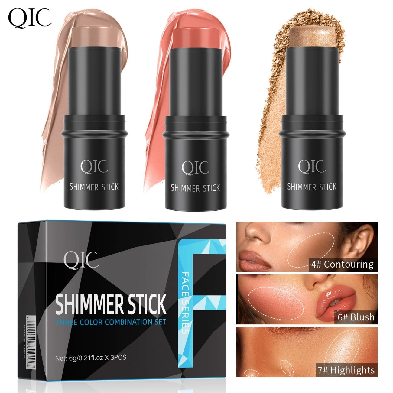 QIC 3PCS Shimmer Stick Set, Multi-Color Cream Highlighter & Bronzer Combo Kit, Long-Lasting Shimmer Face Makeup Sticks for Cheeks, Eyes, Lips
