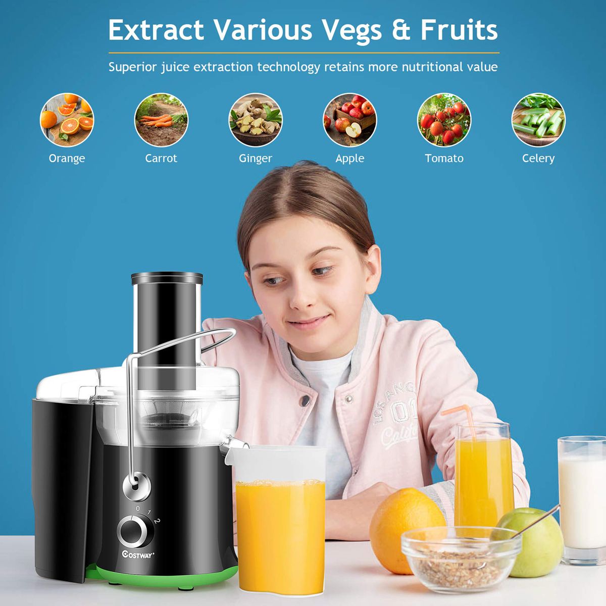 Juicer Machine, Centrifugal Juicer with 3-Inch Wide Mouth, BPA-Free Stainless Steel Juice Maker with 2-Speed Control, Masticating Juice Extractor for Fruit Vegetable