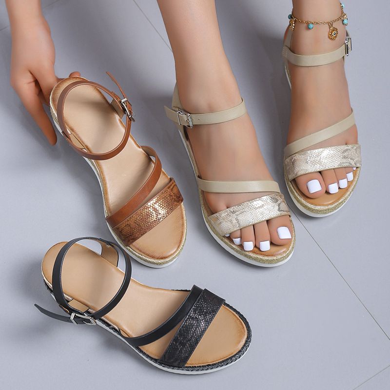 Summer foreign trade wedges with a line with a medium heel serpentine sandals for women cross-border PU thick soled light beach shoes 061406