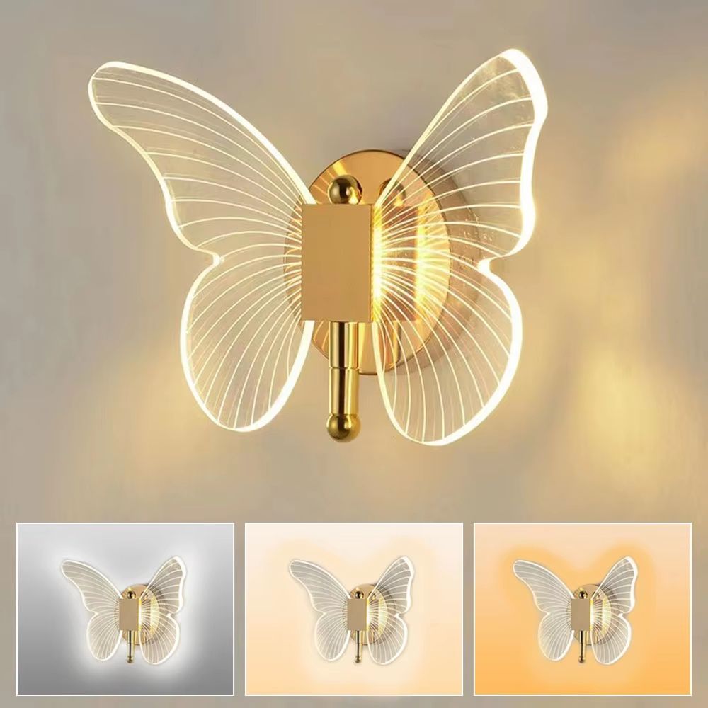 Butterfly LED Wall Lamp Interior Modern Metal Acrylic 110V-220V Wired Wall Lamp Tricolor Adjustment Bedside Wall Light Sconces