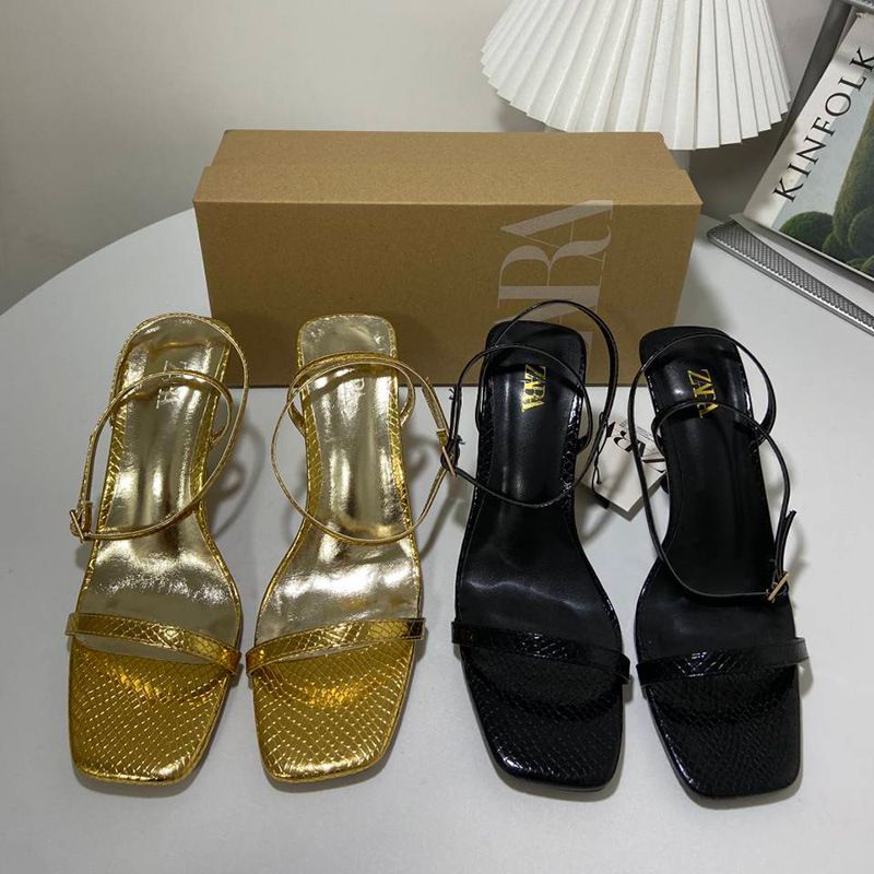 ZA2024 new stiletto high heels women's shoes square head line with gold snake open toe back strap slingback sandals women