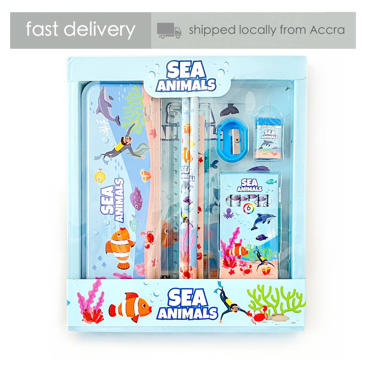 stationery set for kids, ocean, school supply, gift for children, sea, fish, animals, pencil, eraser, crayon, ruler, pencil box, birthday gift, present