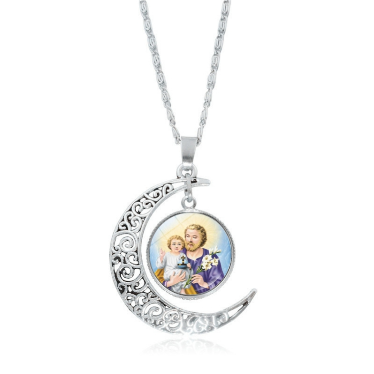 Holy Son Jesus Virgin Mary silvery Hollowed out moon Jesus Pendant Necklace CRRSHOP unisex men women Half Moon Necklace Virgin Mary Necklace gift present