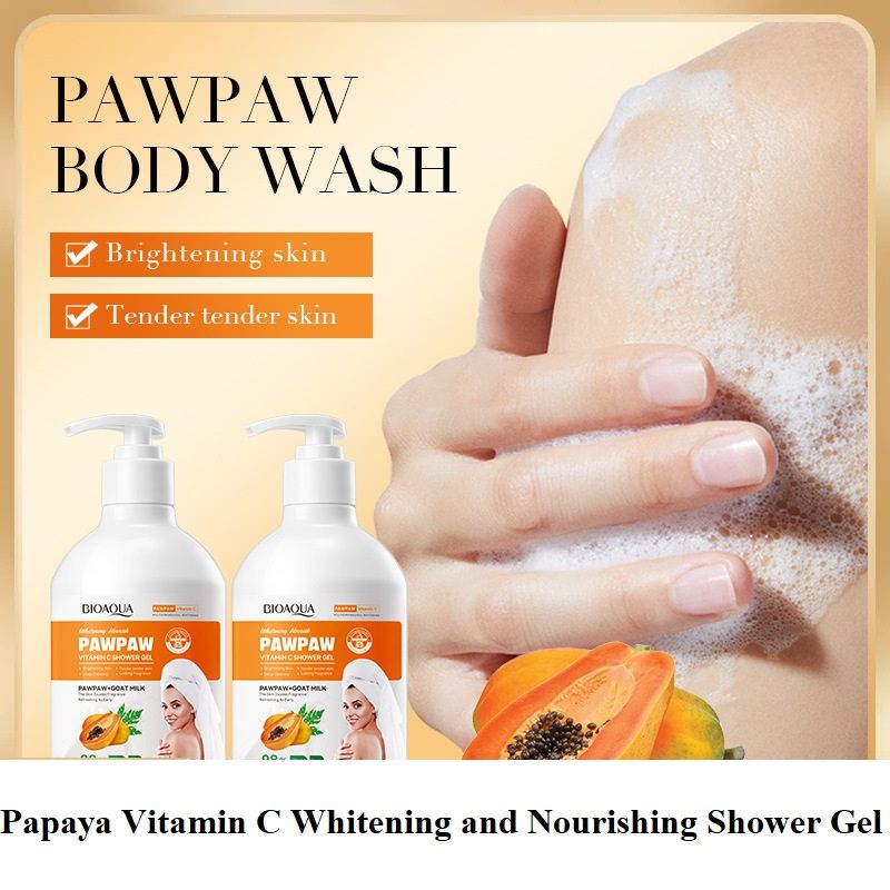 BIOAQUA PawPaw Goat Milk Shower Gel 480ml, Vitamin C Infused Whitening Nourishing Shower Gel, Gentle Cleansing Exfoliating Body Wash with Papaya Extract, for Smooth & Bright Skin