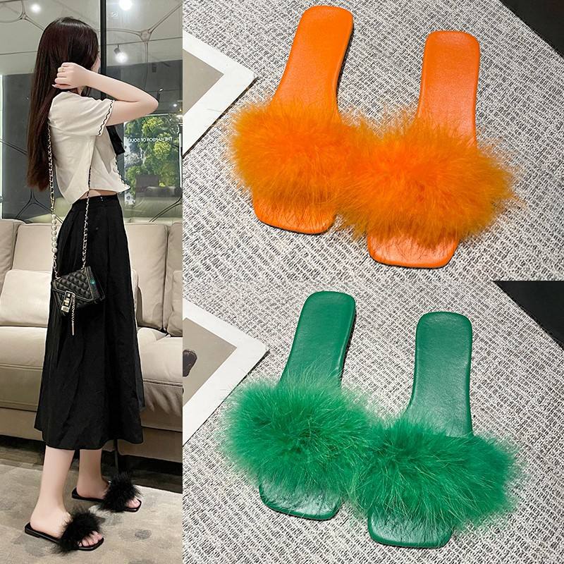 New flat fluffy slippers for women a line solid color home sandals for women C-666