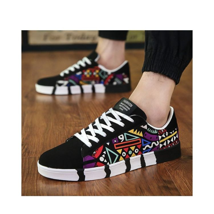 Lace Up Canvas Sneakers - Black/Multicolor