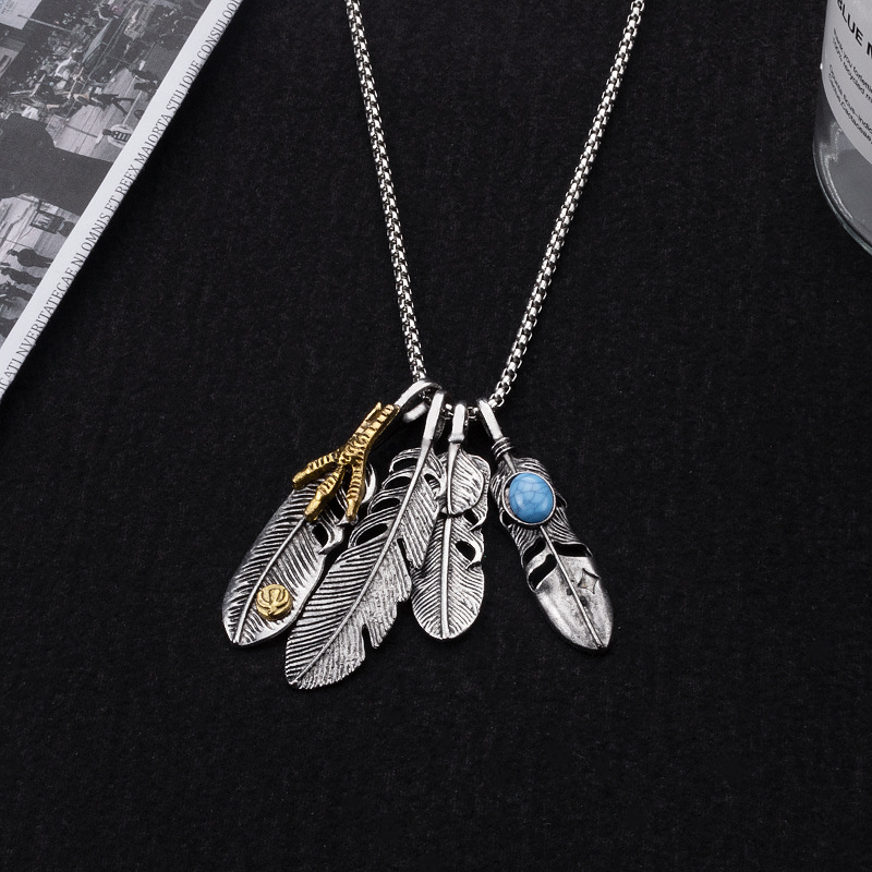 Hip Hop Titanium Steel Leaf Feather Necklace Simple Sweater Chain Metal Plumage Necklace for Men Women