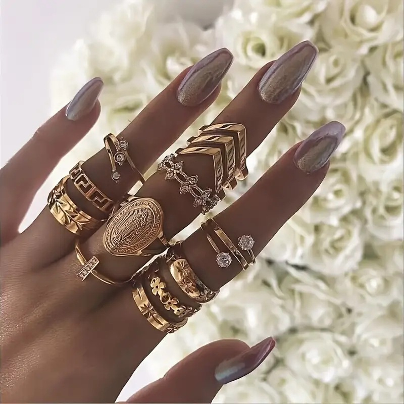 JZ-63 Women's Retro Niche Inlaid Rhinestone Pattern Ring Alloy Plating Ring 13 Piece Set