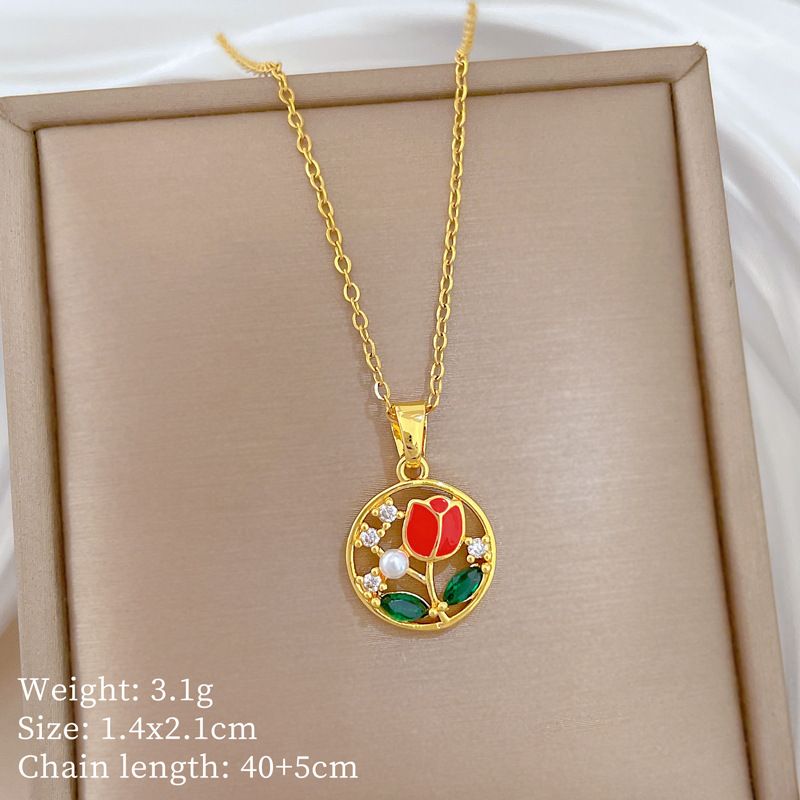 Women Hollow Round Pendant Necklace, Enamel Red Rose with Simulated Pearl & Cubic Zircon Inlay, Titanium Steel Chain Clavicle Necklace, Elegant Glamour Fashion Hand Jewelry for Daily Dating Banquet Party Ladies Gift