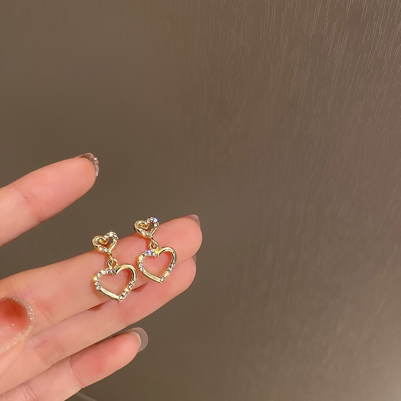 Women's Simple Diamond-Set Gold Skeleton Love Heart Earrings Jewelry Gift