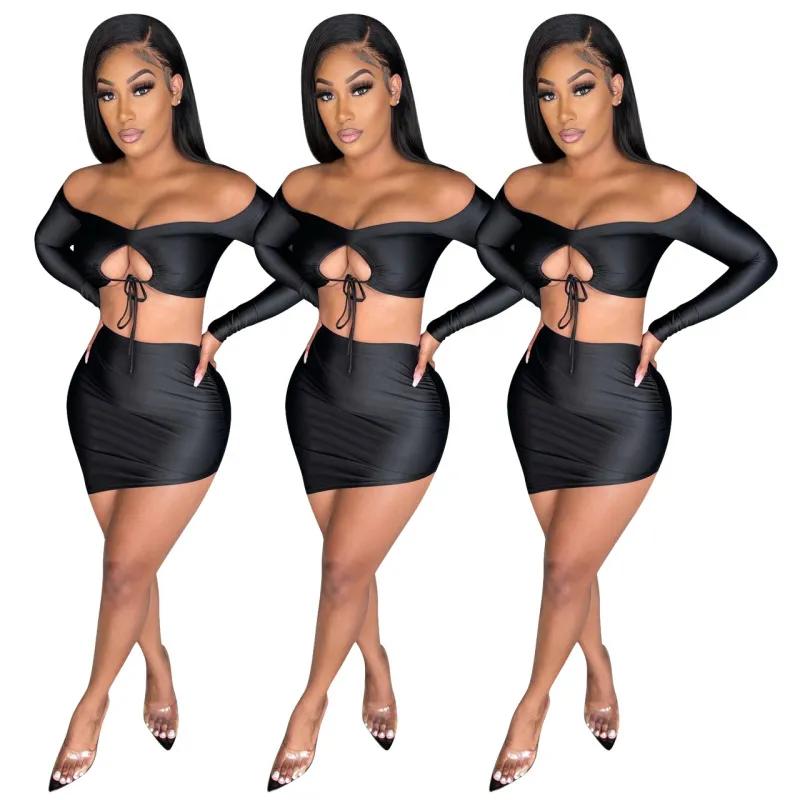  Casual women long sleeve off shoulder crop top and triangular short skirt 2 piece set solid bodycon set