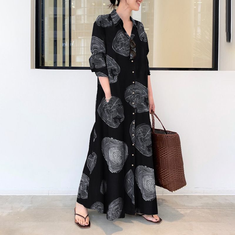 plus size women's clothing Muslim cotton and linen printed long-sleeved simple, loose and casual long shirt.black