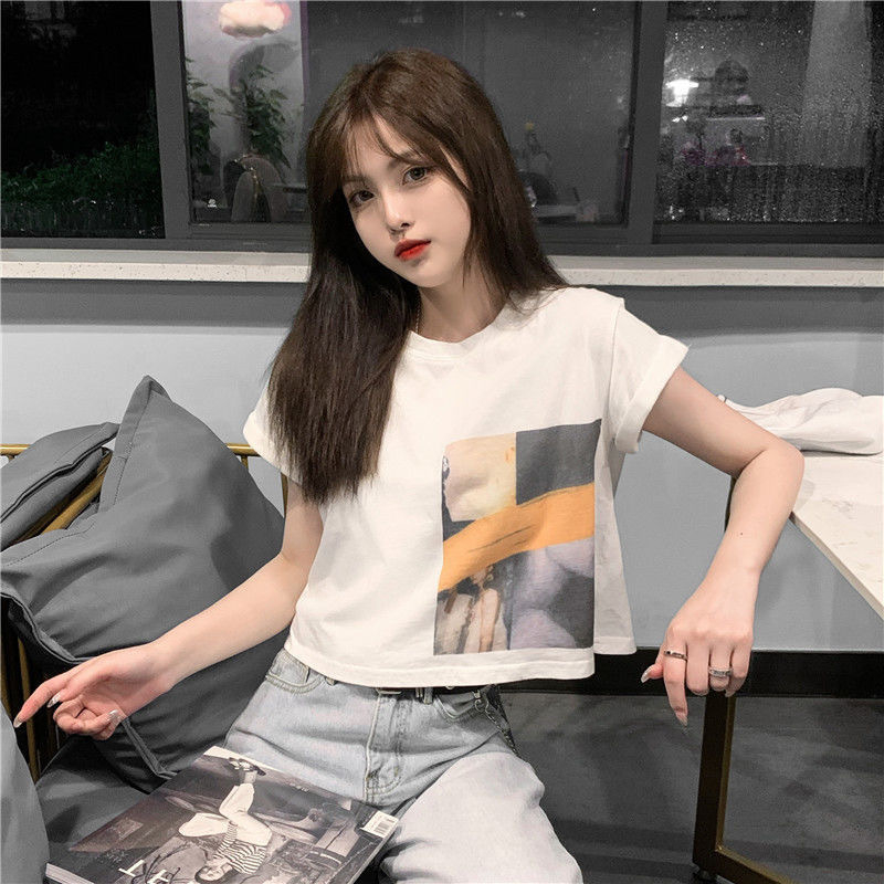 986 Women's Fashion Loose Casual Print Crop Top Short Sleeve T-shirt