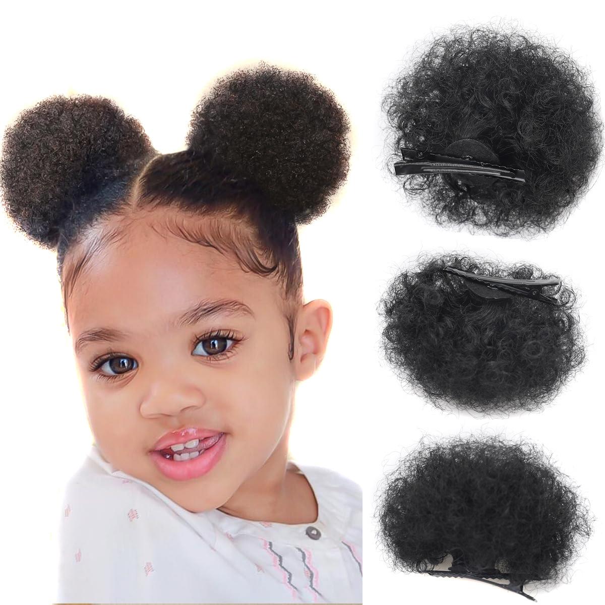 Kids Hair Bun Wig, Fluffy Afro Puff Curly Hair Extension, Caterpillar Style Hair Accessory with Alligator Clip for Children
