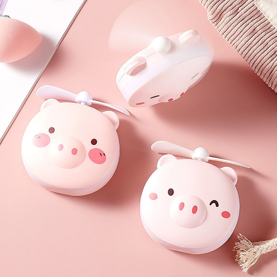 Pink Cartoon Pig Makeup Mirror Portable Rechargeable Led Light Makeup mirror Mini Fill Light Mirror Fan Mirror