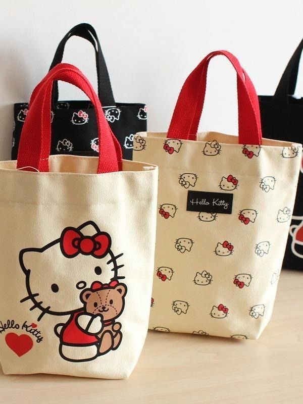 Cute Hello Kitty Bucket Lunch Bag Portable Cartoon Kitty Handheld Bag Mini Food Container Tote Bag Lightweight Office Work Bento Handbag for Daily Outdoor Picnic