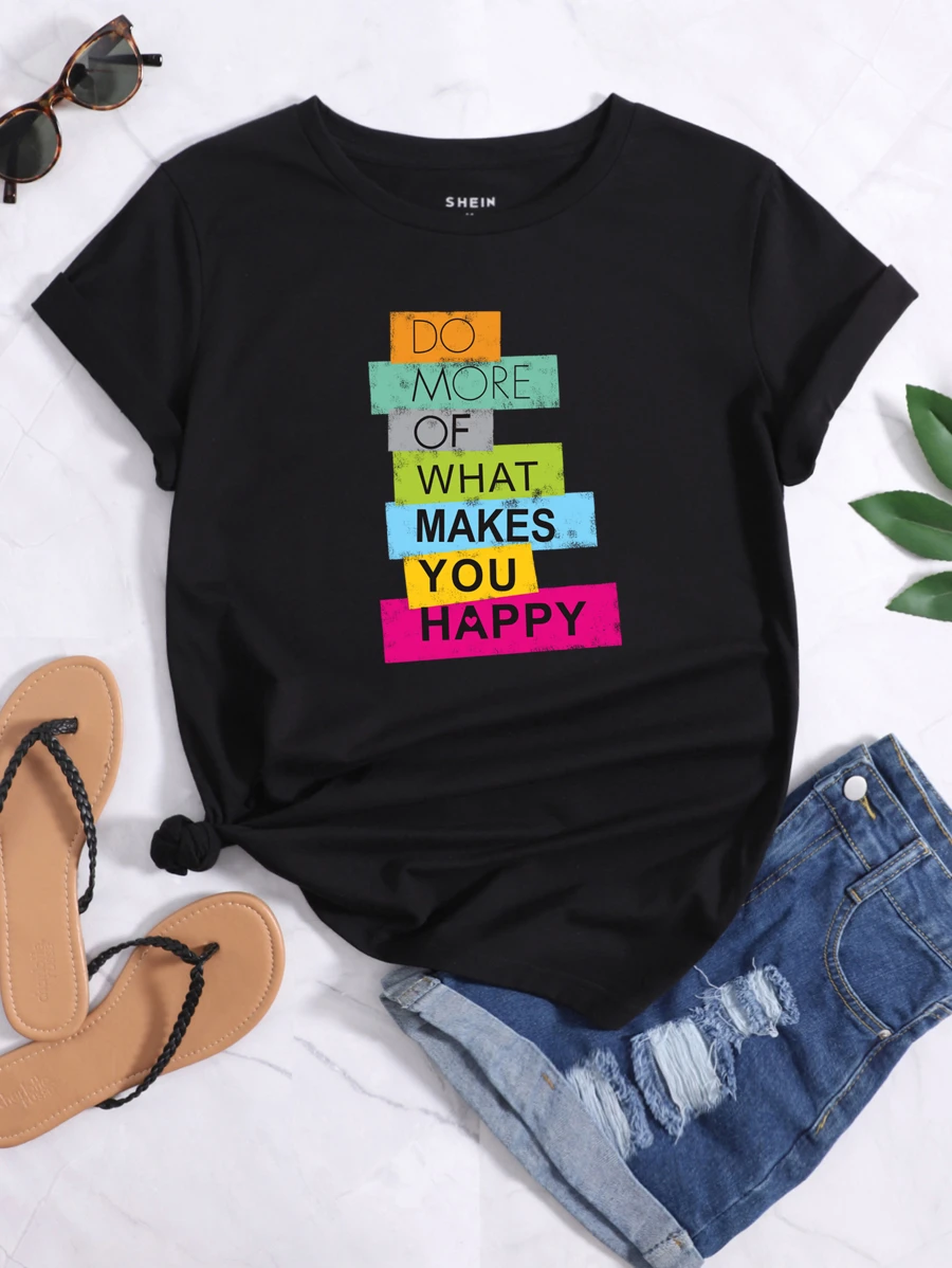 DX069# Women Slogan Graphic Crew Neck Tee T-Shirt