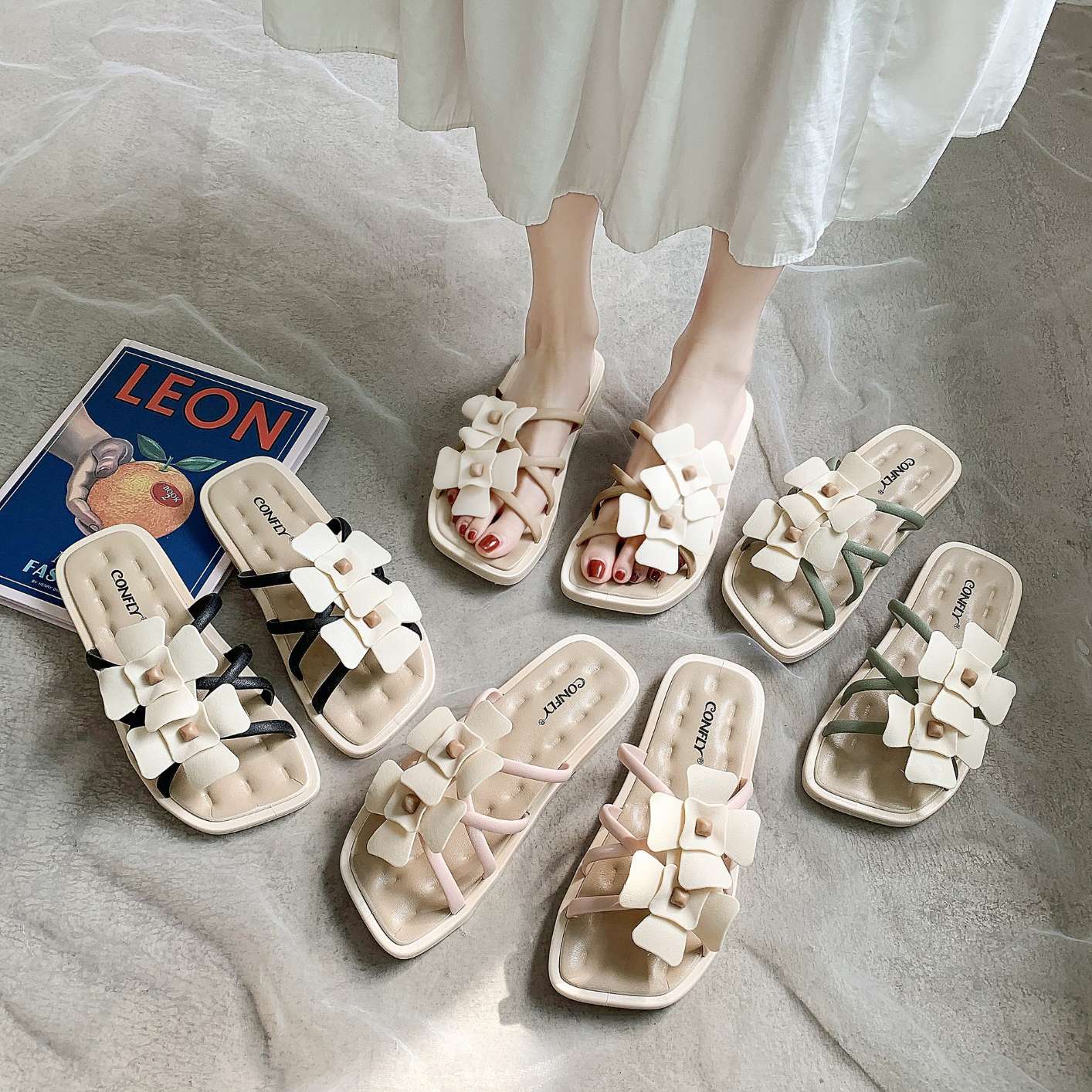TH2002-2 Women's Flat Sole Flower Slippers Outdoor Beach Sandals