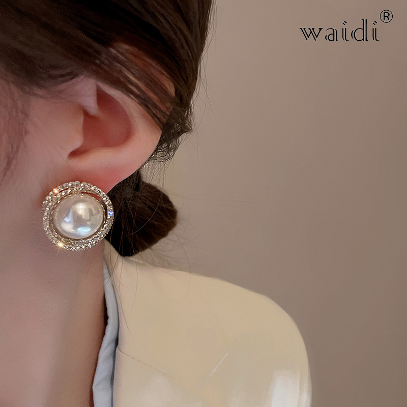 Waidi 925 Silver Needle Inlaid With Diamond, Pearl Ring Earrings, French Temperament Ear Studs, High-grade Simple Earrings For Women
