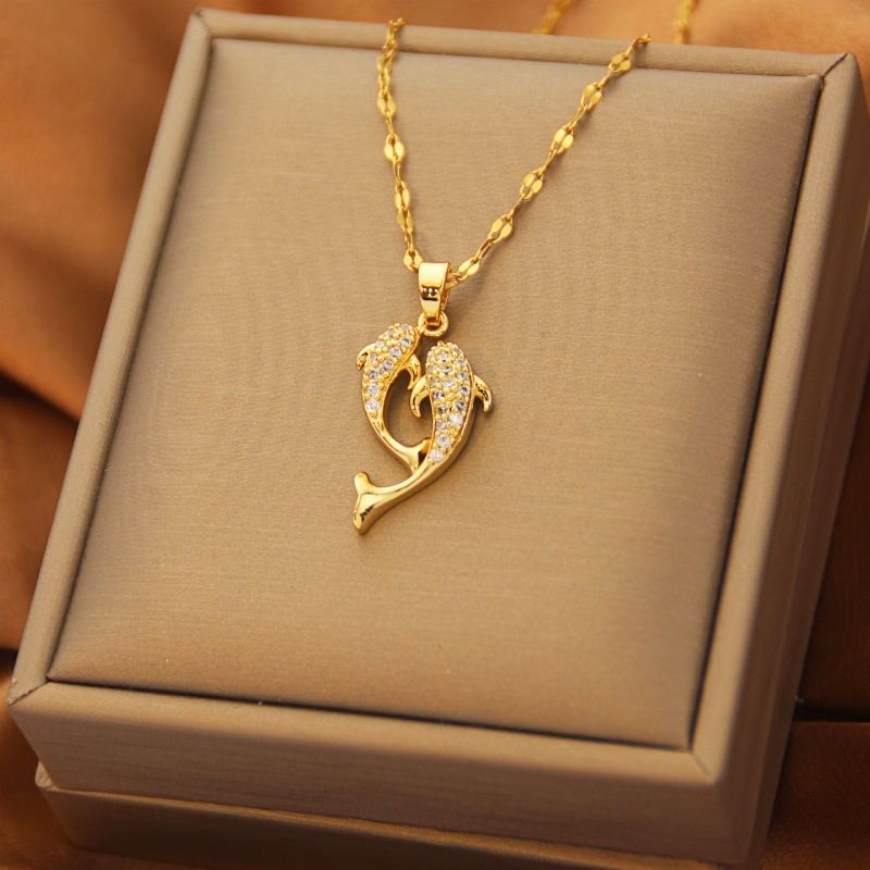 Two fish pendant necklace,chain pendant titanium steel necklace gold  pendant+chain