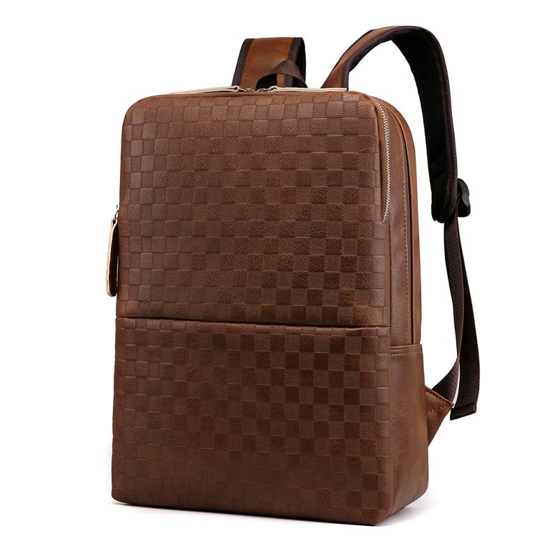Men's PU Leather Backpack Business Bag Computer Bag Student Bag Backpack Large Capacity Bag Grid Embossed Backpack