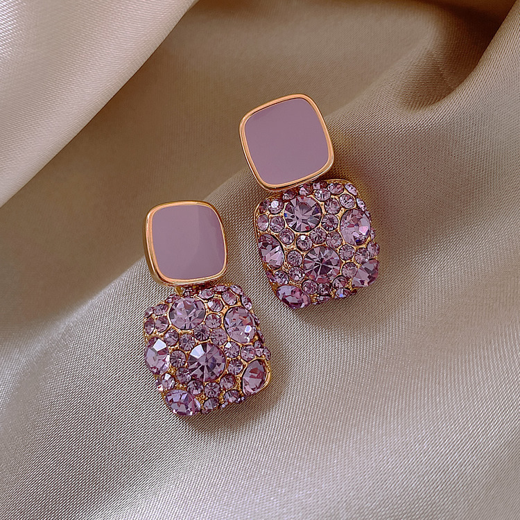 ali-729778810441 Women's New Vintage Purple Square Rhinestone Earrings Quadrilateral Alloy Earrings