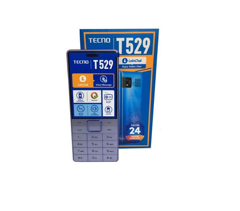 Tecno T529  -2.8" LCD Screen Display - 0.08MP back camera with bright flash - 16MB ROM + 8MB RAM expandable micro SD card support - GSM connectivity -FM radio -Loud speakers - 2500mAh Battery -Keypad Mobile Phone