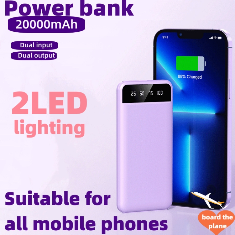 Large capacity ultra-thin Power bank 20000mAh Portable power supply Dual input Dual output Suitable for all mobile phones Large capacity Fast charge CRRSHOP Hd digital display screen Can board the plane 