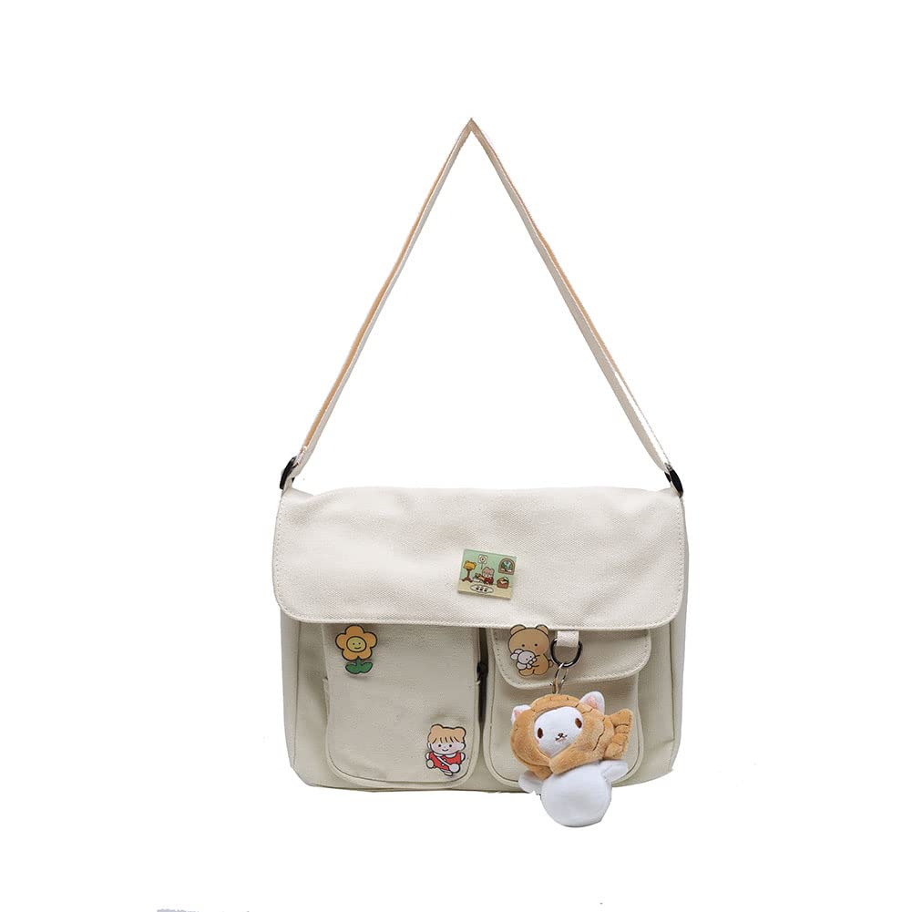 canvas cross-body bag with kawaii pin and pendant girl casual shoulder messenger bag student bag