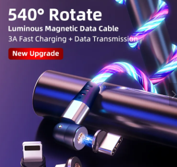 360 540 Degree Rotate Luminous Flowing Light USB Type C Magnetic Data Cable For Mobile Phone Charger