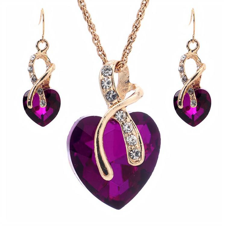 Huadeer Vintage Female Rainbow Crystal Jewelry Set Charm Gold Color Dangle Earrings For Women Simple Love Heart Wedding Chain Necklace