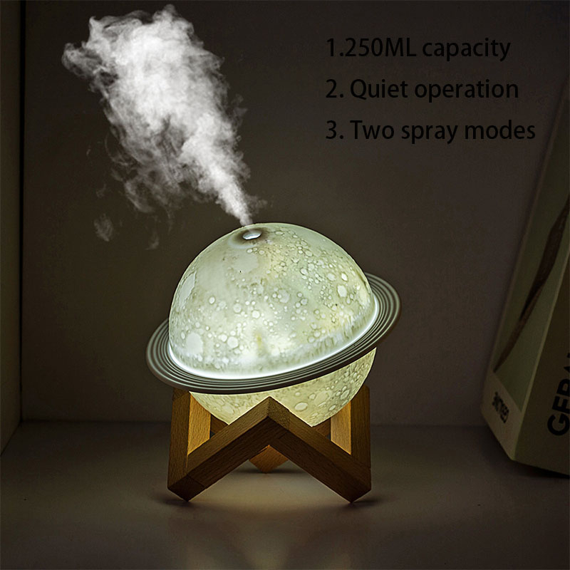 sx-E323 Creative New Planetary Humidifier 200ml, 2 in 1 Planetary Night Light and Humidifier with USB Charging, Home Fog Night Light, 7 Colors 3D LED Moonlight with Stand